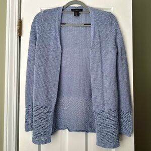 Tahari long sleeve cardigan sweater, cotton-linen blend, periwinkle grey-blue